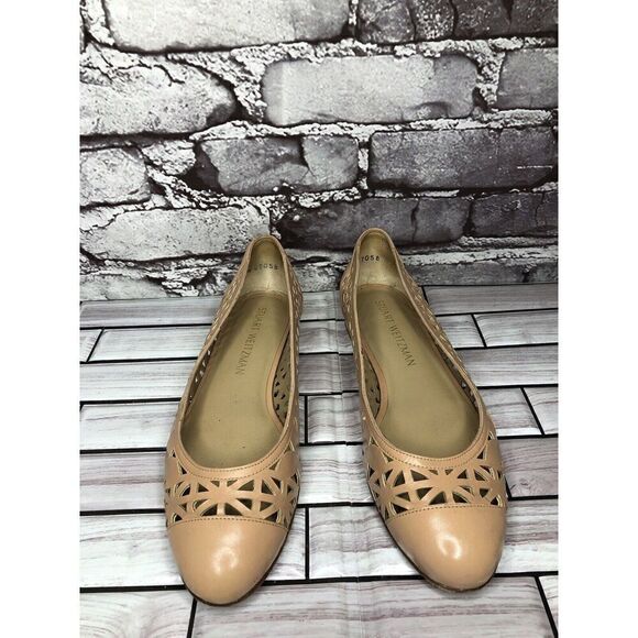 Stuart Weitzman Pink Nude Leather Laser Cut Cap Toe Ballet Flats Women’s 6.5M US - Picture 3 of 16